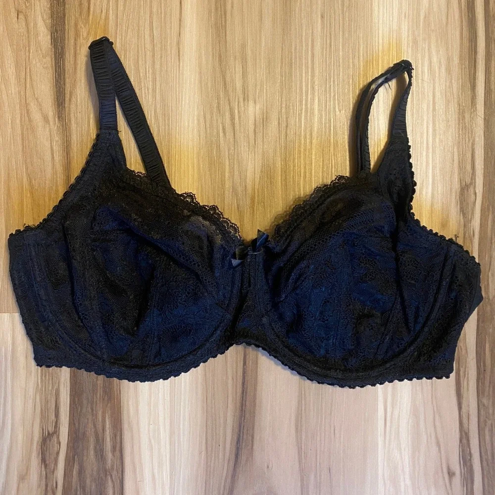 Pour Moi Black Lace Underwire Bra PM-15509 UK 36F US 36G Floral Scalloped Trim